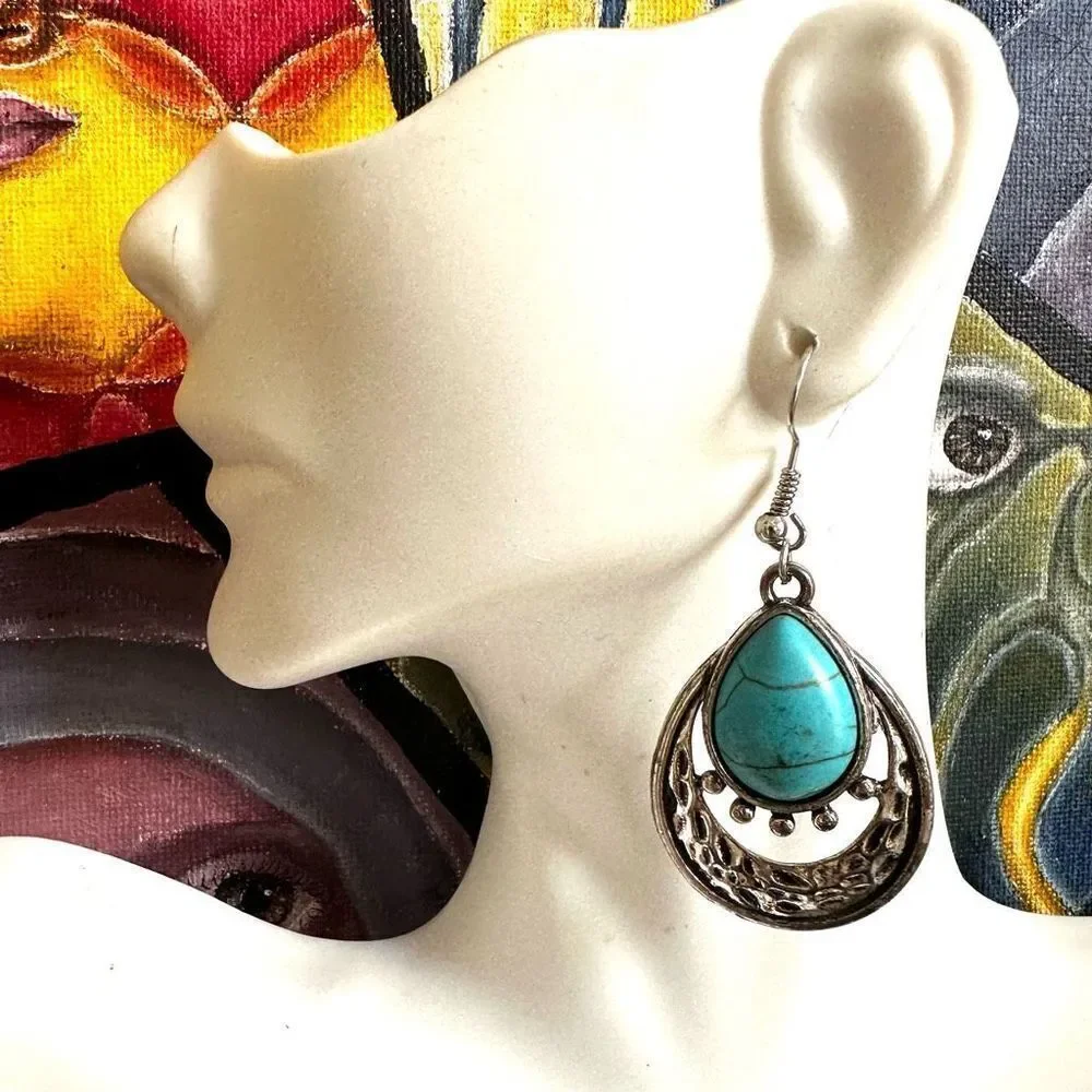 Silver and blue drop earrings silver tone